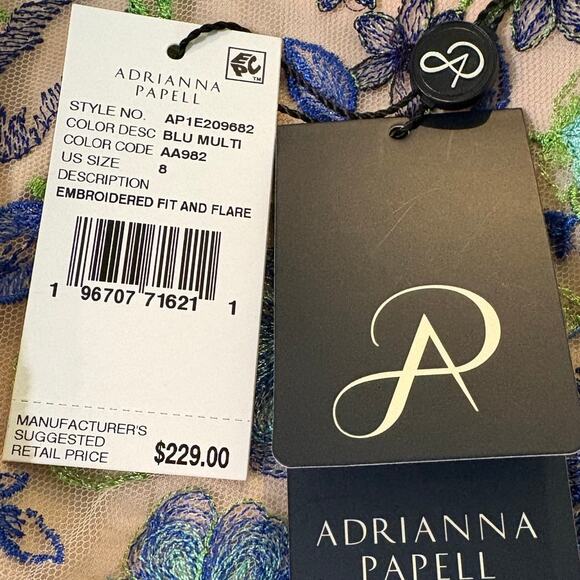 Adrianna Papell NWT Blue Multicolor Embroidered Fit and Flare Dress Size 8 - Picture 6 of 9